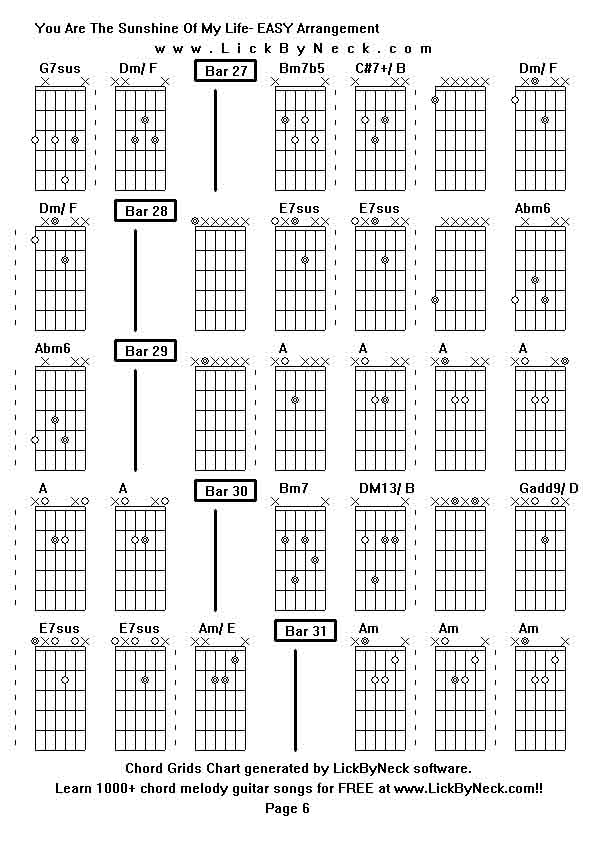 Chord Grids Chart of chord melody fingerstyle guitar song-You Are The Sunshine Of My Life- EASY Arrangement,generated by LickByNeck software.